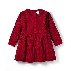 Babyhug Knitted Full Sleeves Woollen Dress With Cable Knit Design - Maroon