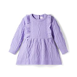 Babyhug Knit Full Sleeves Woollen Dress with Cable Knit Design & Frill Detailing - Lavender