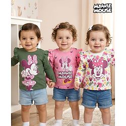 Babyhug Disney Single Jersey Knit Full Sleeves T-Shirts with Minnie Mouse Graphic & Frill Detailing Pack of 3 - Multicolor