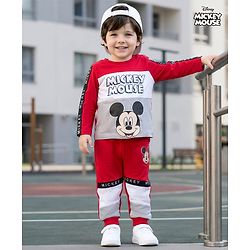 Babyhug Disney Single Jersey Knit Full Sleeves Cut & Sew T-Shirt & Lounge Pant Set with Mickey Mouse Graphic & Tape Detailing - Red