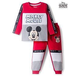 Babyhug Disney Single Jersey Knit Full Sleeves Cut & Sew T-Shirt & Lounge Pant Set with Mickey Mouse Graphic & Tape Detailing - Red