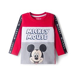 Babyhug Disney Single Jersey Knit Full Sleeves Cut & Sew T-Shirt & Lounge Pant Set with Mickey Mouse Graphic & Tape Detailing - Red