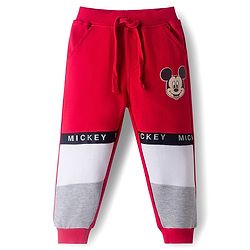 Babyhug Disney Single Jersey Knit Full Sleeves Cut & Sew T-Shirt & Lounge Pant Set with Mickey Mouse Graphic & Tape Detailing - Red