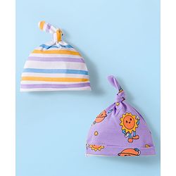 Babyhug 100% Cotton Knit Knot Cap With Stripes & Floral Print Pack of 2 Purple - Diameter 9.5 cm
