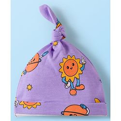 Babyhug 100% Cotton Knit Knot Cap With Stripes & Floral Print Pack of 2 Purple - Diameter 9.5 cm