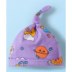 Babyhug 100% Cotton Knit Knot Cap With Stripes & Floral Print Pack of 2 Purple - Diameter 9.5 cm