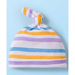 Babyhug 100% Cotton Knit Knot Cap With Stripes & Floral Print Pack of 2 Purple - Diameter 9.5 cm