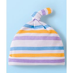 Babyhug 100% Cotton Knit Knot Cap With Stripes & Floral Print Pack of 2 Purple - Diameter 9.5 cm