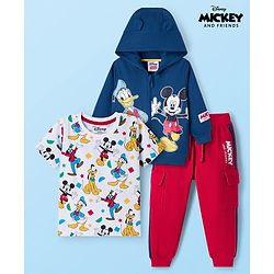 Babyhug Disney Single Jersey Knit Full Sleeves Hooded SweatJacket & Lounge Pant Set with T-Shirt & Mickey Mouse Graphic Pocket Detailing - Multicolor