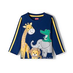 Babyhug 100% Cotton Knit Full Sleeves T-Shirt with Animal Print & Tape Detailing - Navy Blue