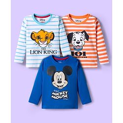 Babyhug Disney Single Jersey Knit Full Sleeves T-Shirts with Disney Characters Graphic Pack of 3 - Light Blue Orange & Blue