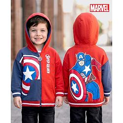 Babyhug Marvel Terry Knit Drop Shoulder Full Sleeves Cut & Sew Hooded Sweatjacket With Front & Back Avengers Foil Print & Kangaroo Pockets - Red & Blue