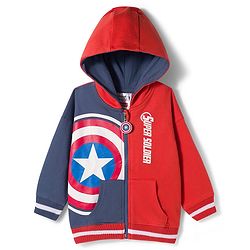 Babyhug Marvel Terry Knit Drop Shoulder Full Sleeves Cut & Sew Hooded Sweatjacket With Front & Back Avengers Foil Print & Kangaroo Pockets - Red & Blue