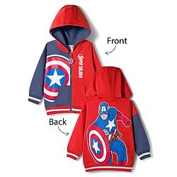 Babyhug Marvel Terry Knit Drop Shoulder Full Sleeves Cut & Sew Hooded Sweatjacket With Front & Back Avengers Foil Print & Kangaroo Pockets - Red & Blue