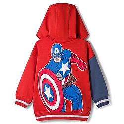 Babyhug Marvel Terry Knit Drop Shoulder Full Sleeves Cut & Sew Hooded Sweatjacket With Front & Back Avengers Foil Print & Kangaroo Pockets - Red & Blue
