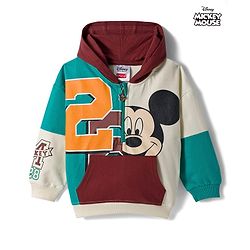 Babyhug Disney Terry Knit Drop Shoulder Full Sleeves Cut & Sew Hooded Sweatshirt With Mickey Mouse Graphics & Kangaroo Pockets - Multicolor