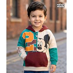 Babyhug Disney Terry Knit Drop Shoulder Full Sleeves Cut & Sew Hooded Sweatshirt With Mickey Mouse Graphics & Kangaroo Pockets - Multicolor