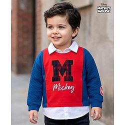 Babyhug Disney Terry Knit Drop Shoulder Full Sleeves Sweatshirt With Attached Inner Shirt & Mickey Mouse Graphics & Badge Detailing - Blue & Red