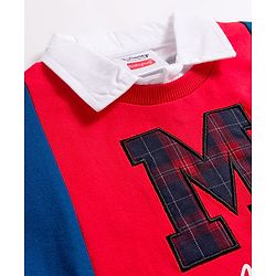 Babyhug Disney Terry Knit Drop Shoulder Full Sleeves Sweatshirt With Attached Inner Shirt & Mickey Mouse Graphics & Badge Detailing - Blue & Red