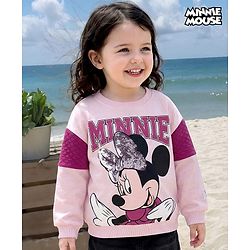 Babyhug Disney Terry Knit Drop Shoulder Full Sleeves Cut & Sew Sweatshirt with Minnie Mouse Graphic & Sequin Detailing - Pink