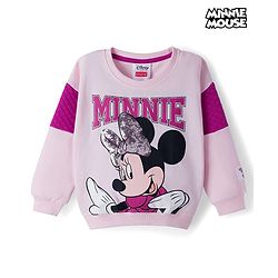 Babyhug Disney Terry Knit Drop Shoulder Full Sleeves Cut & Sew Sweatshirt with Minnie Mouse Graphic & Sequin Detailing - Pink