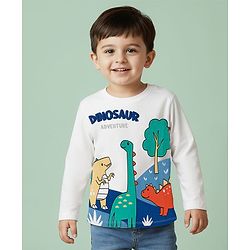 Babyhug 100% Cotton Knit Full Sleeves T-Shirt with Dino Print - White