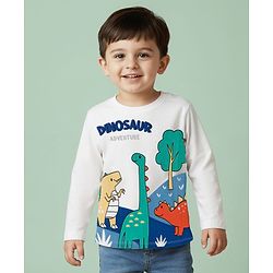 Babyhug 100% Cotton Knit Full Sleeves T-Shirt with Dino Print - White