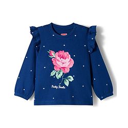 Babyhug 100% Cotton Knit Full Sleeves T-Shirt with Floral Print & Frill Detailing - Navy Blue