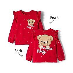 Babyhug 100% Cotton Knit Full Sleeves T-Shirts with Front & Back Bear Print & Frill Detailing - Red