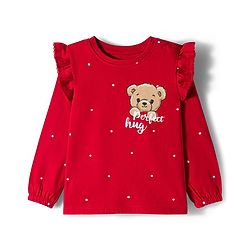 Babyhug 100% Cotton Knit Full Sleeves T-Shirts with Front & Back Bear Print & Frill Detailing - Red