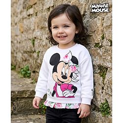 Babyhug Disney Terry Knit Full Sleeves Drop Shoulder Sweatshirt with Minnie Mouse Graphics Frill & Badge Detailing - White
