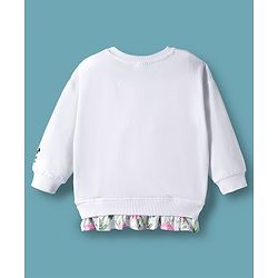 Babyhug Disney Terry Knit Full Sleeves Drop Shoulder Sweatshirt with Minnie Mouse Graphics Frill & Badge Detailing - White