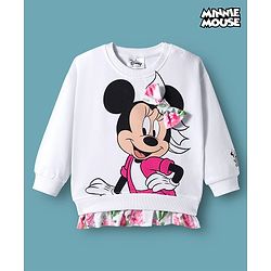 Babyhug Disney Terry Knit Full Sleeves Drop Shoulder Sweatshirt with Minnie Mouse Graphics Frill & Badge Detailing - White