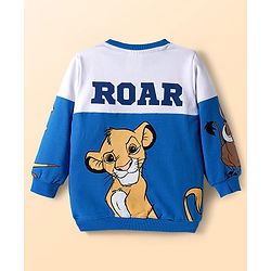 Babyhug Disney Terry Knit Drop Shoulder Cut & Sew Sweatshirt with Lion King Graphics and Quiltted Kangaroo Pocket - Blue & White