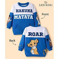 Babyhug Disney Terry Knit Drop Shoulder Cut & Sew Sweatshirt with Lion King Graphics and Quiltted Kangaroo Pocket - Blue & White