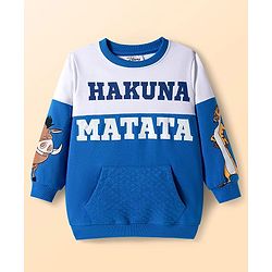 Babyhug Disney Terry Knit Drop Shoulder Cut & Sew Sweatshirt with Lion King Graphics and Quiltted Kangaroo Pocket - Blue & White