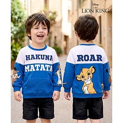 Babyhug Disney Terry Knit Drop Shoulder Cut & Sew Sweatshirt with Lion King Graphics and Quiltted Kangaroo Pocket - Blue & White