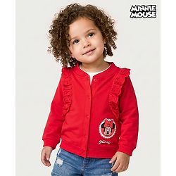 Babyhug Disney Terry Knit Full Sleeves Sweatshirt With Minnie Mouse Badge Detailing and Frill Detailing - Red