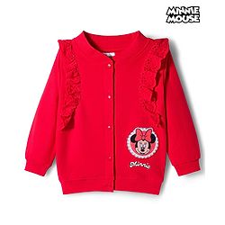 Babyhug Disney Terry Knit Full Sleeves Sweatshirt With Minnie Mouse Badge Detailing and Frill Detailing - Red