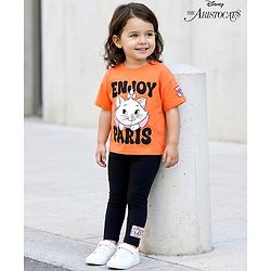 Babyhug Disney Single Jersey Knit Half Sleeves T-Shirt and Leggings with Marrie Graphic Badge Detailing - Orange & Black