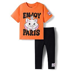 Babyhug Disney Single Jersey Knit Half Sleeves T-Shirt and Leggings with Marrie Graphic Badge Detailing - Orange & Black