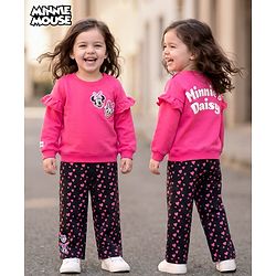 Babyhug Disney Terry Knit Drop Shoulder Sleeves Sweatshirt & Trackpant Set with Minnie & Friends Graphics & Frills & Badge Detailing - Dark Pink & Black