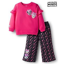 Babyhug Disney Terry Knit Drop Shoulder Sleeves Sweatshirt & Trackpant Set with Minnie & Friends Graphics & Frills & Badge Detailing - Dark Pink & Black