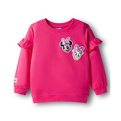Babyhug Disney Terry Knit Drop Shoulder Sleeves Sweatshirt & Trackpant Set with Minnie & Friends Graphics & Frills & Badge Detailing - Dark Pink & Black