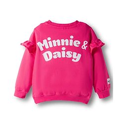 Babyhug Disney Terry Knit Drop Shoulder Sleeves Sweatshirt & Trackpant Set with Minnie & Friends Graphics & Frills & Badge Detailing - Dark Pink & Black