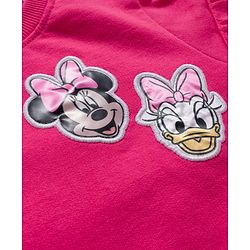 Babyhug Disney Terry Knit Drop Shoulder Sleeves Sweatshirt & Trackpant Set with Minnie & Friends Graphics & Frills & Badge Detailing - Dark Pink & Black
