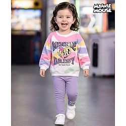 Babyhug Disney Terry Knit  Drop Shoulder Full Sleeves Sweatshirt and Leggings with Minnie & Friend Graphic Badge Detailing - Lilac