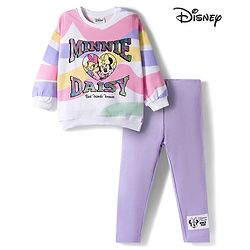 Babyhug Disney Terry Knit  Drop Shoulder Full Sleeves Sweatshirt and Leggings with Minnie & Friend Graphic Badge Detailing - Lilac