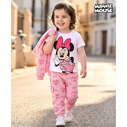 Babyhug Terry Knit Drop Shoulder Full Sleeves Hooded SweatJacket & Lounge Pant Set with T-Shirt Minnie & Friends Graphic - Pink