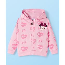 Babyhug Terry Knit Drop Shoulder Full Sleeves Hooded SweatJacket & Lounge Pant Set with T-Shirt Minnie & Friends Graphic - Pink